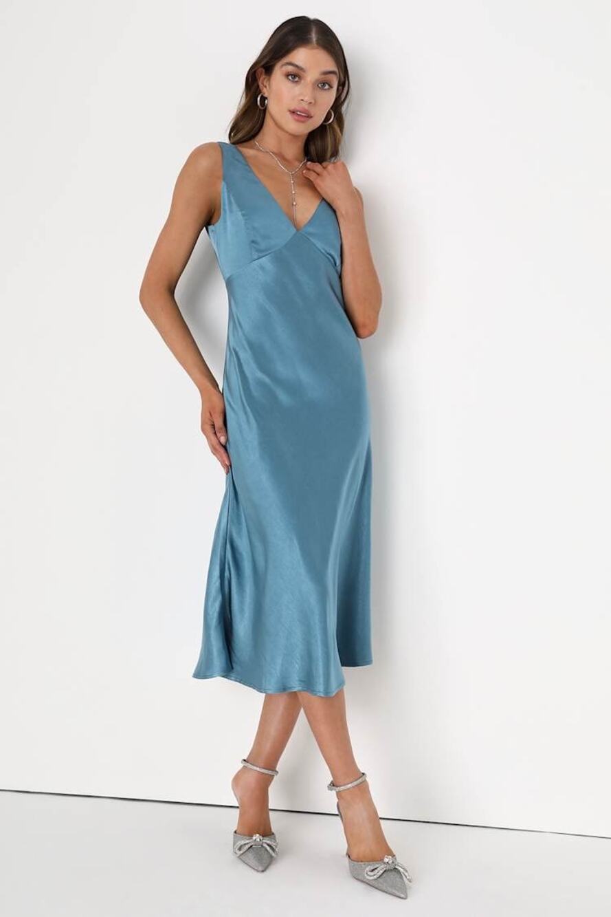 NWOT Lulus Incredible Love Slate Blue Satin Cowl Back Midi Slip Dress Sze S FLAW